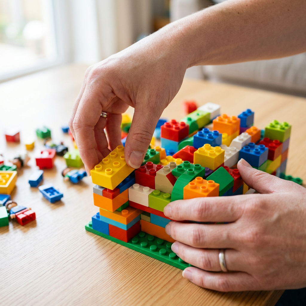 Hands assembling a colorful structure from interlocking plastic blocks